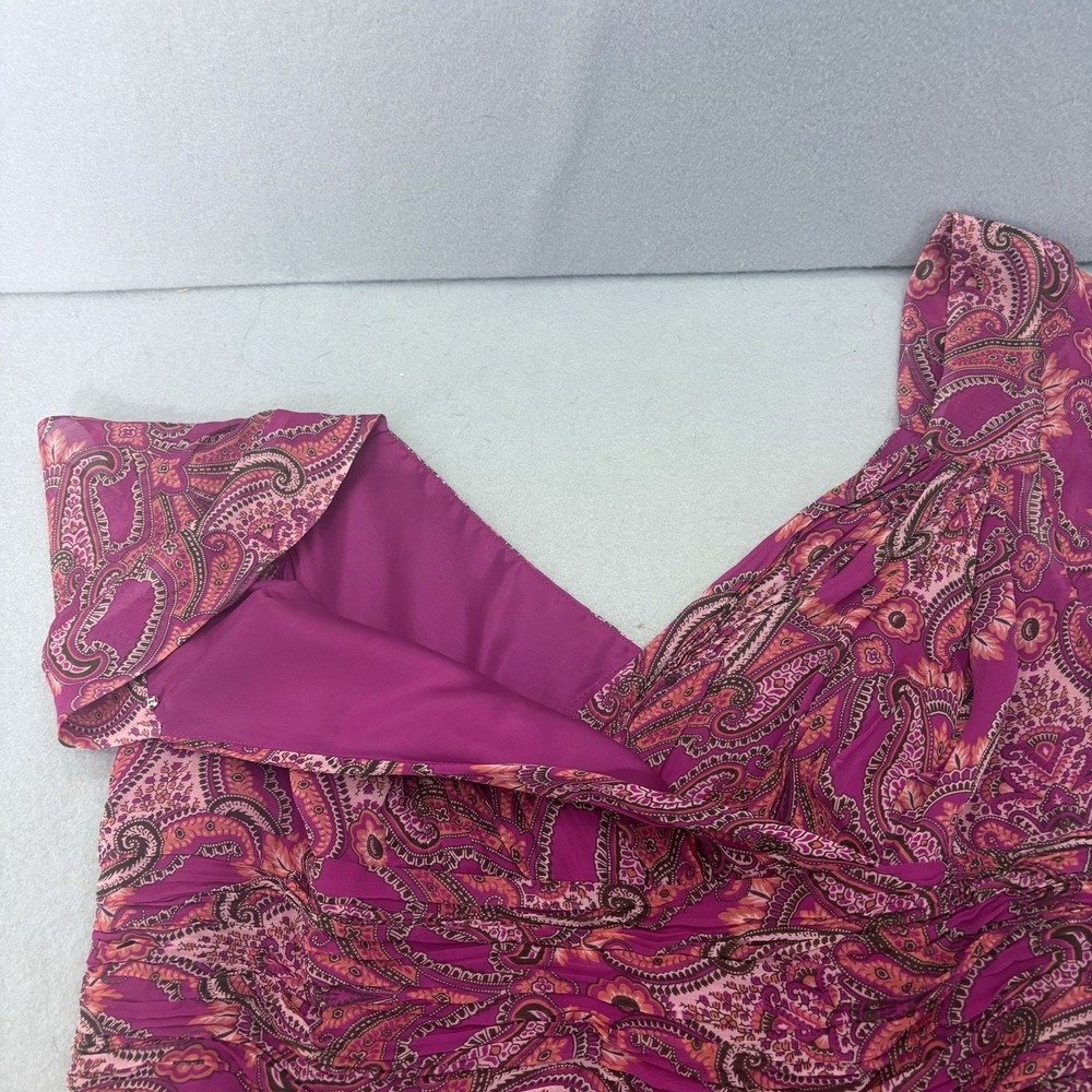 Ann Taylor Crossover V-Neck Silk Pink Paisley Midi Dress SZ‎ 14 Boho Feminine - Picture 7 of 13
